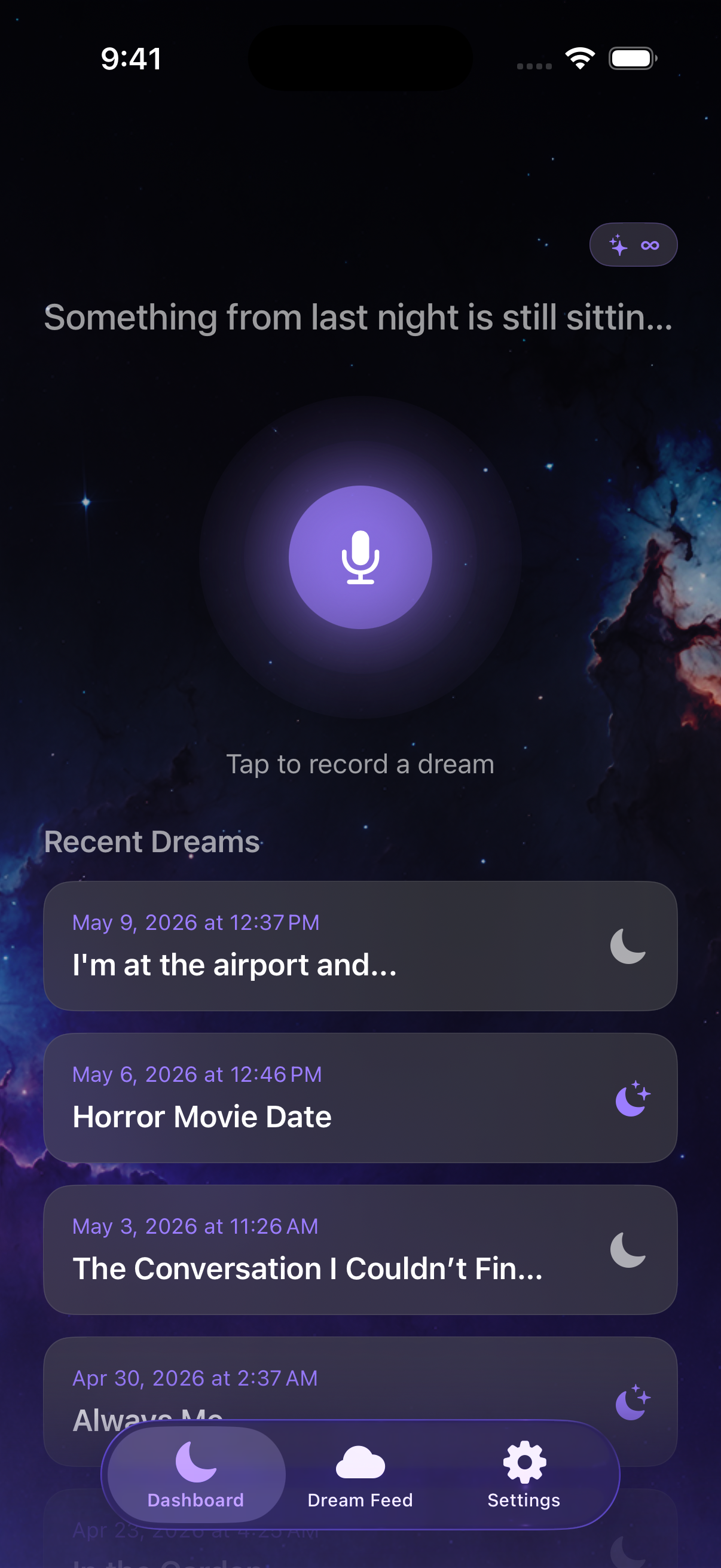 Elara dashboard showing mic button and recent dreams