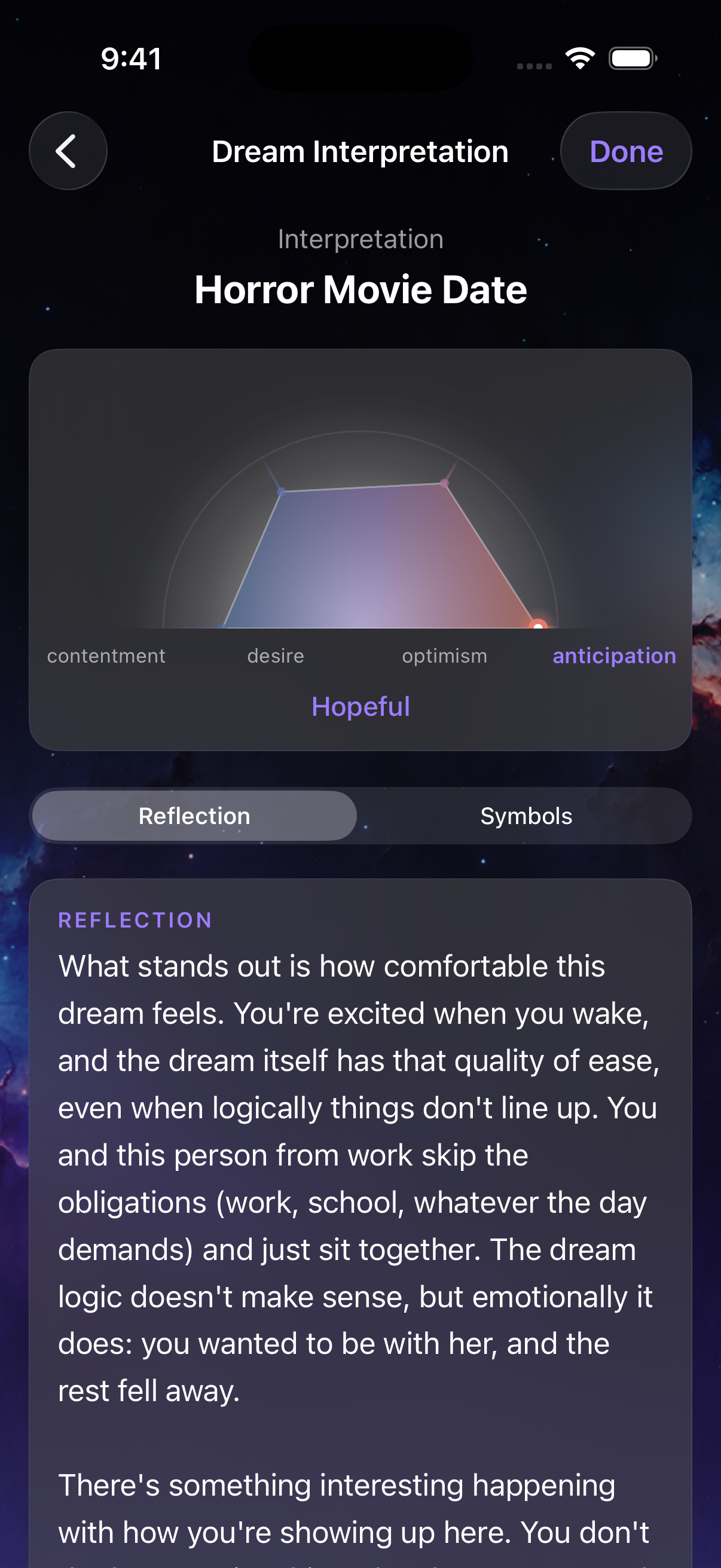 Elara interpretation screen showing emotional shape and key symbols