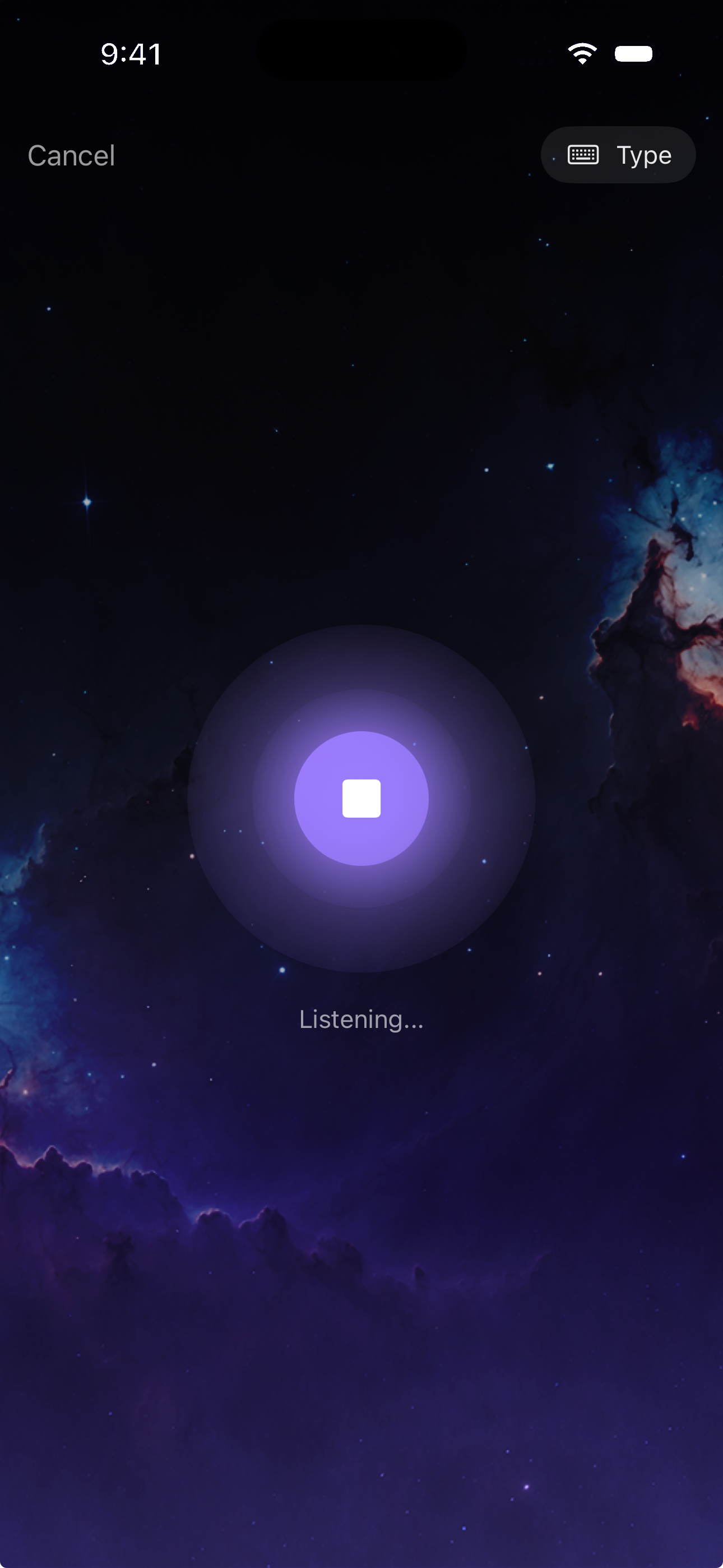Elara recording screen with glowing mic button